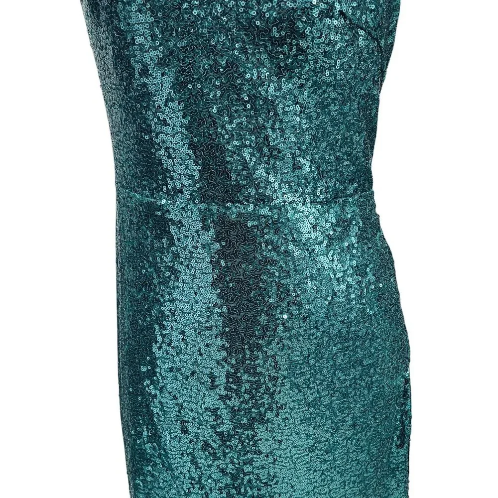 Teal Sequin One Shoulder Slit Maxi Dress Formal Gown Prom‎ Y2K Party Sexy - Picture 4 of 11
